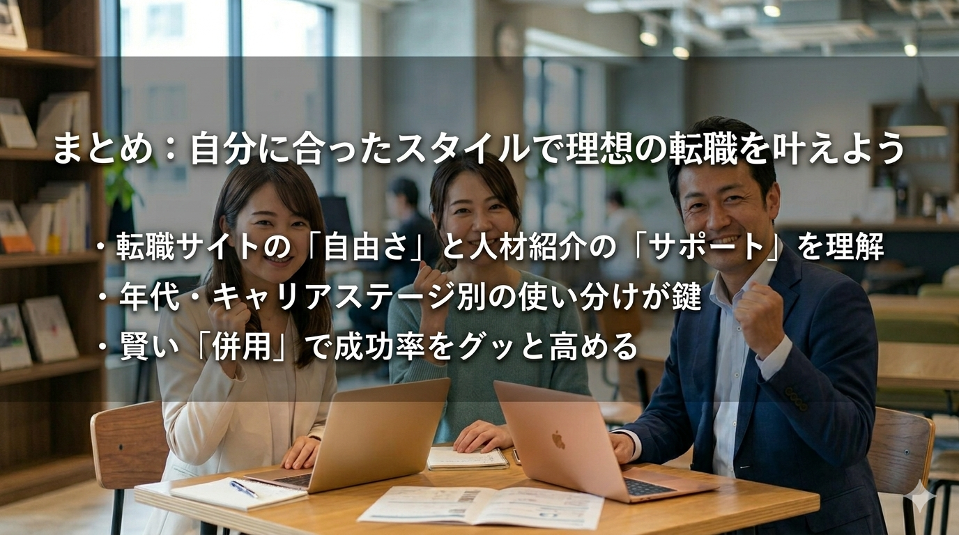 笑顔でガッツポーズをする男女のキャリアアドバイザーと求職者。転職サイトと人材紹介(転職エージェント)を賢く使い分け、理想の転職を成功させたイメージ画像