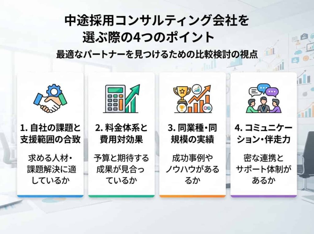 中途採用コンサルティング会社を選ぶ際の4つのポイントをまとめた図