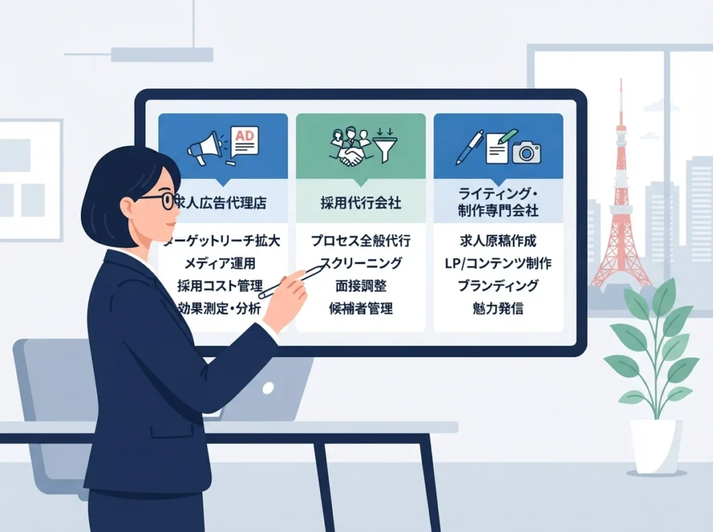求人票作成を代行する3つの事業者モデルの比較イメージ