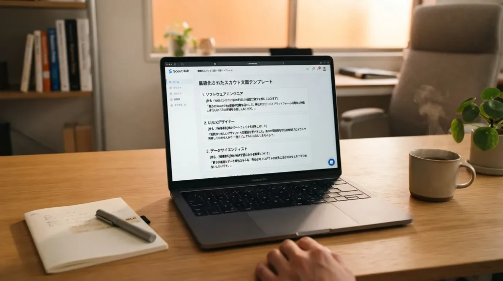 職種別のスカウト文面テンプレートが画面に表示されたノートパソコンが置かれたデスク
