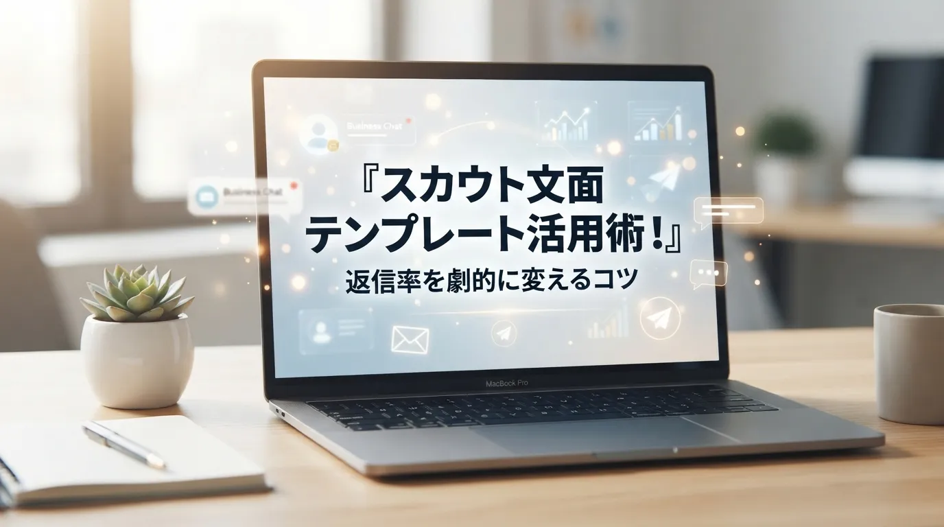 ノートパソコンの画面中央に大きくスカウト文面テンプレート活用術というタイトルが浮かび上がり、その周囲にビジネスメールの通知アイコンが配置されたデスク