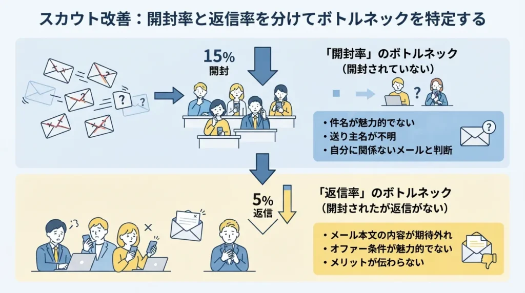 開封率と返信率を示すイメージ図解